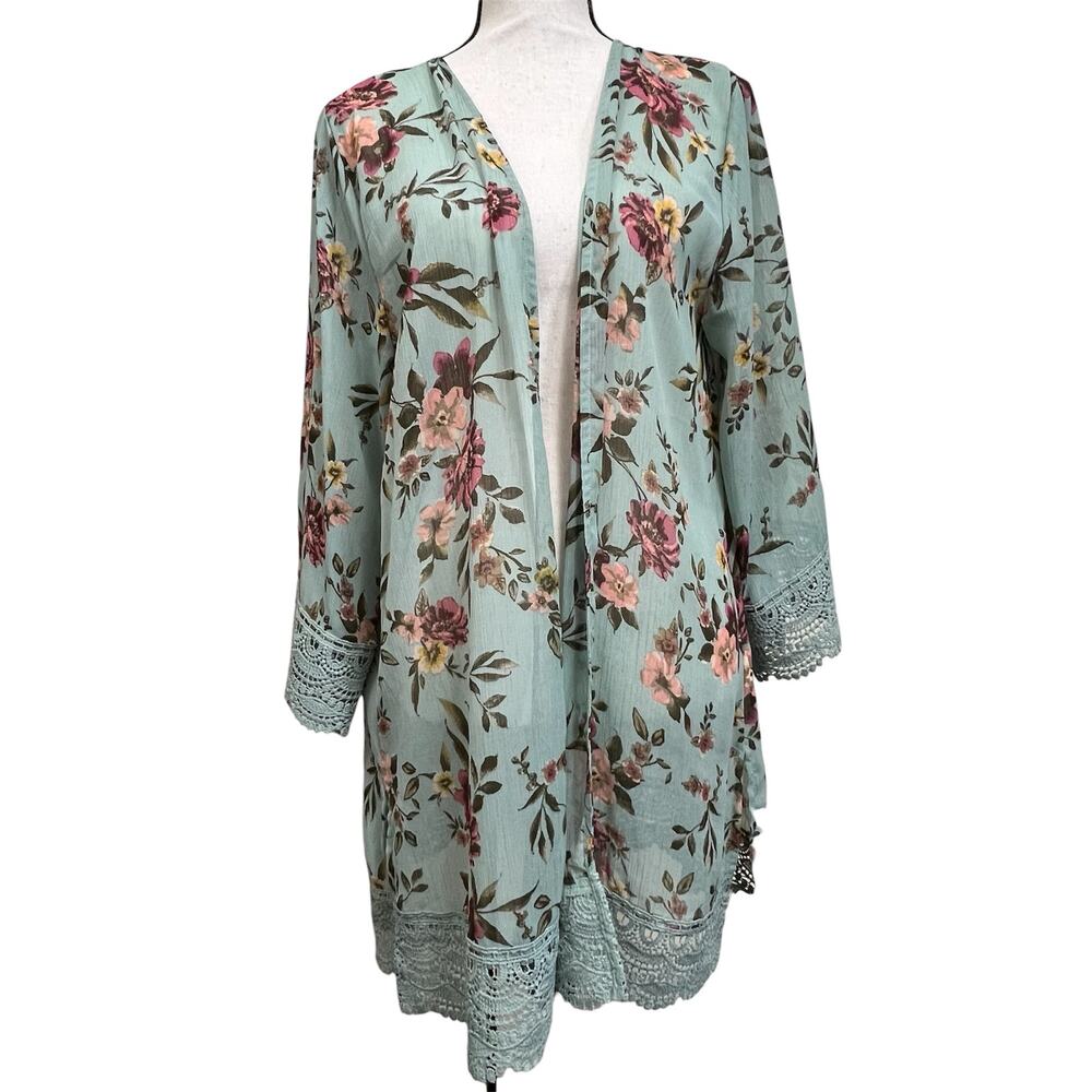 Jolt Floral Kimono Cardigan Large Boho Open Front Lace Trim Lightweight Duster